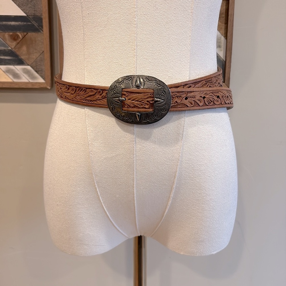 Ralph Lauren Vintage Western Tooled Leather Belt Metal Buckle Small
